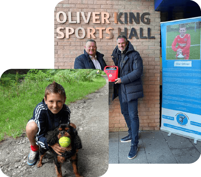 Photograph of Mark King and Jamie Carragher holding a Defibrillator Kit. inset photograph is Oliver King, crouched with his pet dog.